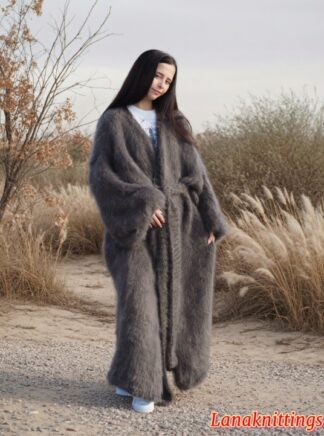 Mohair Long Coat Coffee Gray Oversize HandKnitted Big Size by LanaKnittings