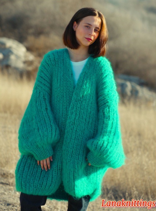Mohair Coat Thick Oversize Green 100% Natural Mohair Yarn by Lanaknittings - Image 5