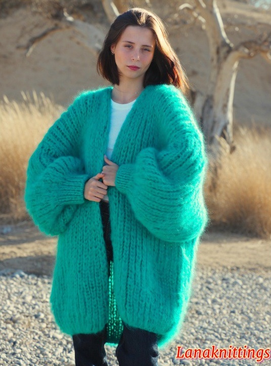Mohair Coat Thick Oversize Green 100% Natural Mohair Yarn by Lanaknittings
