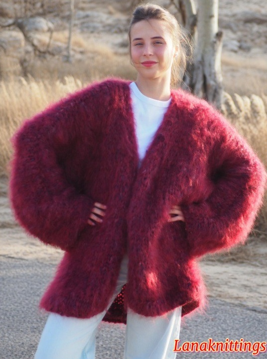 Mohair Long Coat Kimono Burgundy Oversize Thick Mohair HandKnitted by LanaKnittings - Image 4