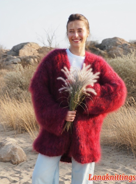 Mohair Long Coat Kimono Burgundy Oversize Thick Mohair HandKnitted by LanaKnittings - Image 5