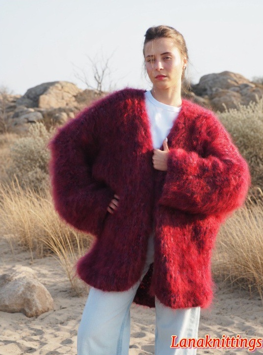 Mohair Long Coat Kimono Burgundy Oversize Thick Mohair HandKnitted by LanaKnittings - Image 7