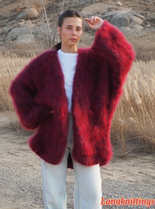 Mohair Long Coat Kimono Burgundy Oversize Thick Mohair HandKnitted by LanaKnittings - Image 8