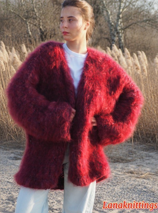 Mohair Long Coat Kimono Burgundy Oversize Thick Mohair HandKnitted by LanaKnittings - Image 9