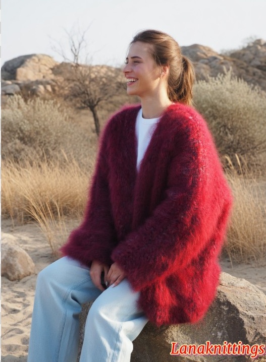 Mohair Long Coat Kimono Burgundy Oversize Thick Mohair HandKnitted by LanaKnittings - Image 3