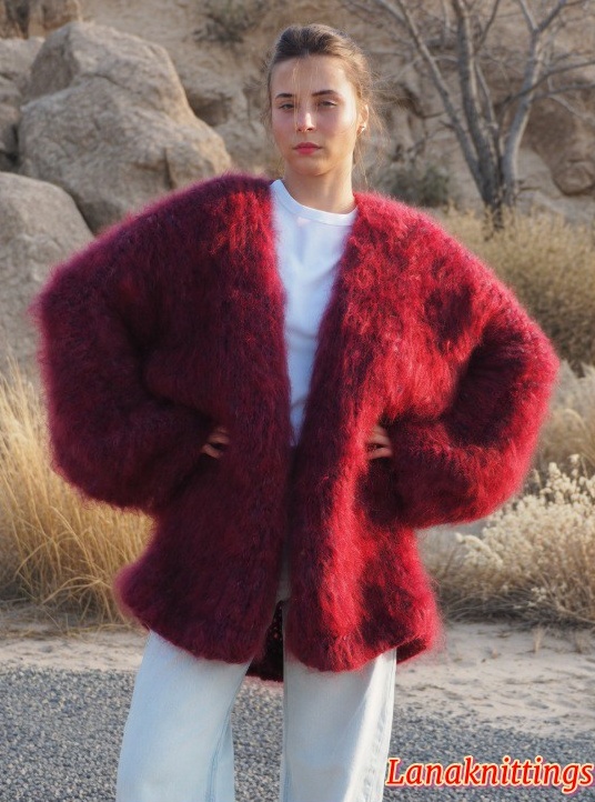 Mohair Long Coat Kimono Burgundy Oversize Thick Mohair HandKnitted by LanaKnittings - Image 2