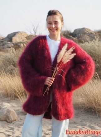 Mohair Long Coat Kimono Burgundy  Oversize Thick Mohair HandKnitted by LanaKnittings