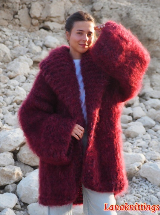 Mohair Coat Burgundy Oversize Thick Mohair HandKnitted by LanaKnittings - Image 4