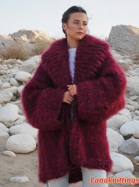 Mohair Coat Burgundy Oversize Thick Mohair HandKnitted by LanaKnittings - Image 5