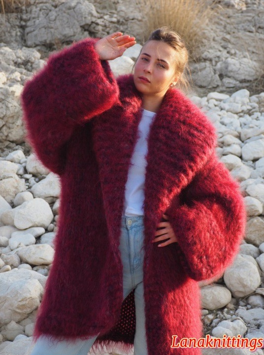Mohair Coat Burgundy Oversize Thick Mohair HandKnitted by LanaKnittings - Image 7