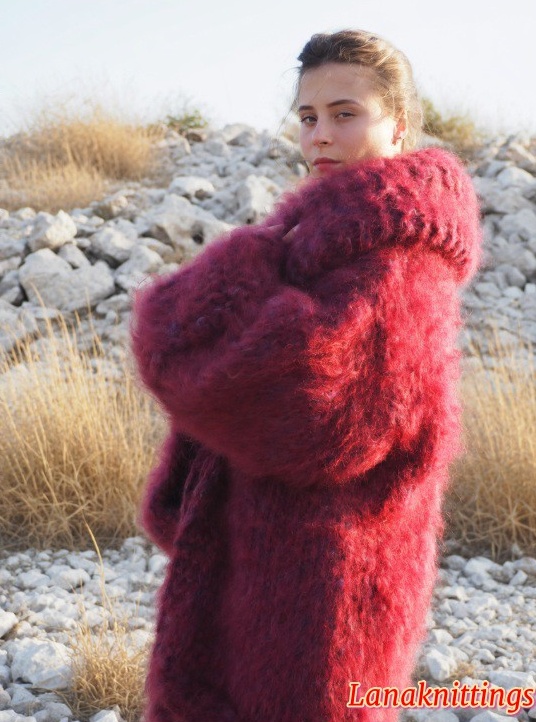 Mohair Coat Burgundy Oversize Thick Mohair HandKnitted by LanaKnittings - Image 6