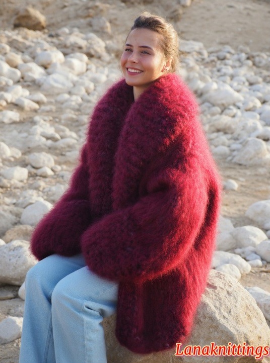 Mohair Coat Burgundy Oversize Thick Mohair HandKnitted by LanaKnittings