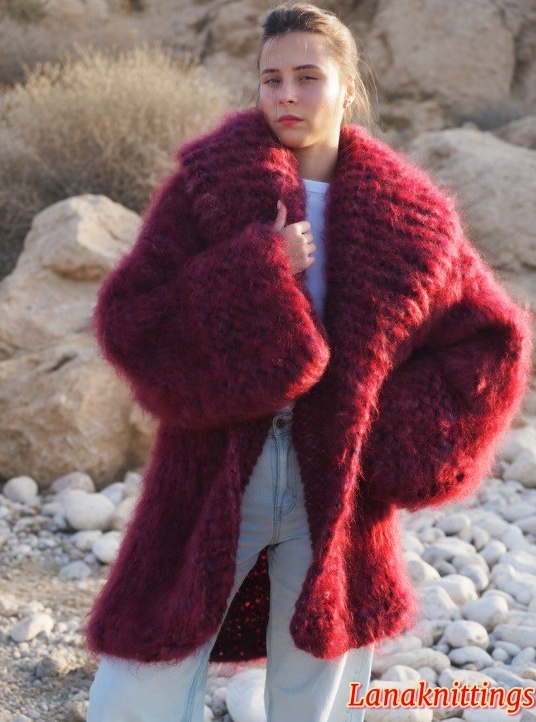 Mohair Coat Burgundy Oversize Thick Mohair HandKnitted by LanaKnittings - Image 10