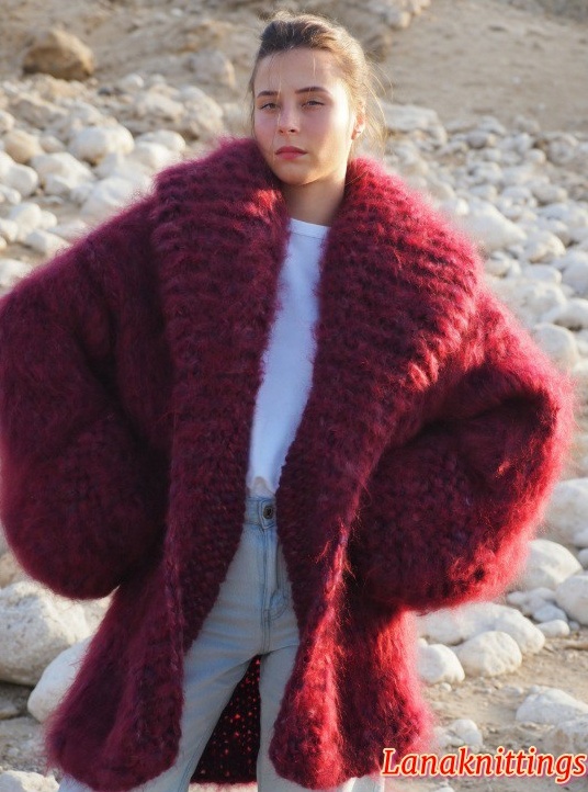 Mohair Coat Burgundy Oversize Thick Mohair HandKnitted by LanaKnittings - Image 2