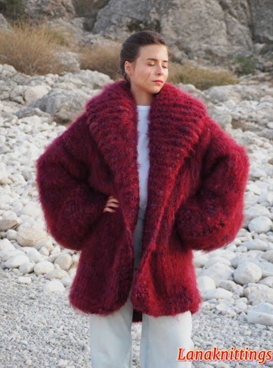 Mohair Coat Burgundy Oversize Thick Mohair HandKnitted by LanaKnittings - Image 11