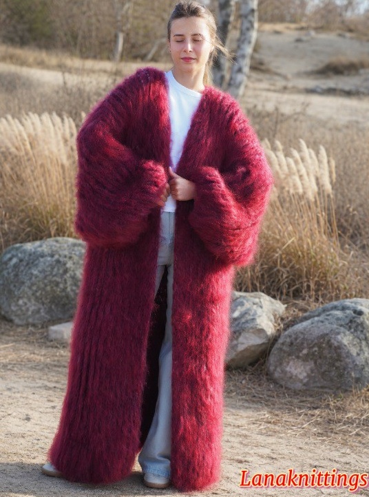 Mohair Long Coat Burgundy Oversize Thick Mohair HandKnitted by LanaKnittings - Image 7