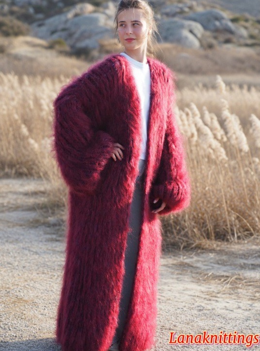 Mohair Long Coat Burgundy Oversize Thick Mohair HandKnitted by LanaKnittings - Image 2
