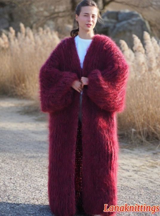 Mohair Long Coat Burgundy Oversize Thick Mohair HandKnitted by LanaKnittings - Image 5