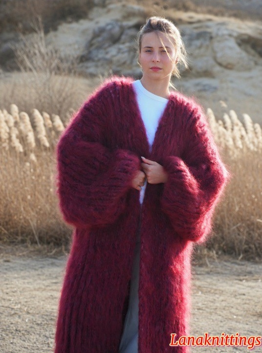 Mohair Long Coat Burgundy Oversize Thick Mohair HandKnitted by LanaKnittings - Image 3