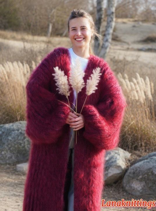 Mohair Long Coat Burgundy Oversize Thick Mohair HandKnitted by LanaKnittings - Image 8