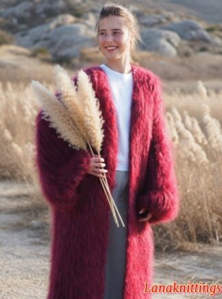 Mohair Long Coat Burgundy Oversize Thick Mohair HandKnitted by LanaKnittings