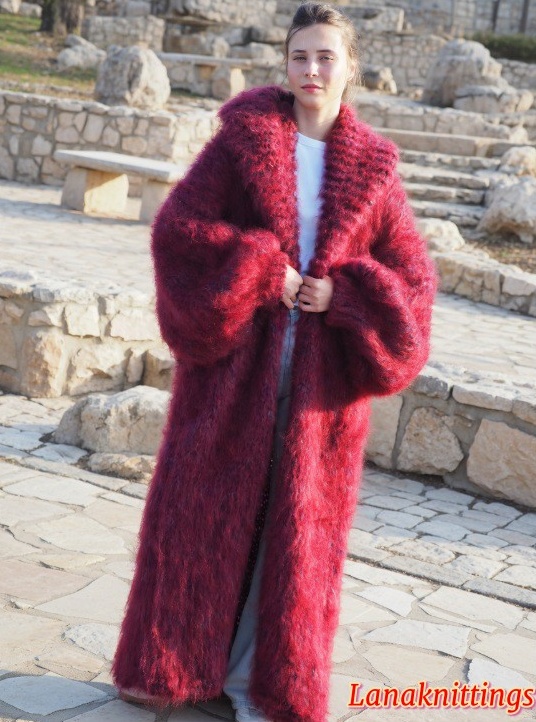 Mohair Long Coat Burgundy Oversize Longhair Mohair HandKnitted by LanaKnittings - Image 2