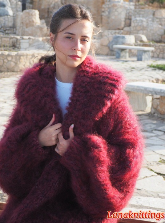 Mohair Long Coat Burgundy Oversize Longhair Mohair HandKnitted by LanaKnittings - Image 3