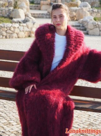 Mohair Long Coat Burgundy Oversize Longhair Mohair HandKnitted by LanaKnittings