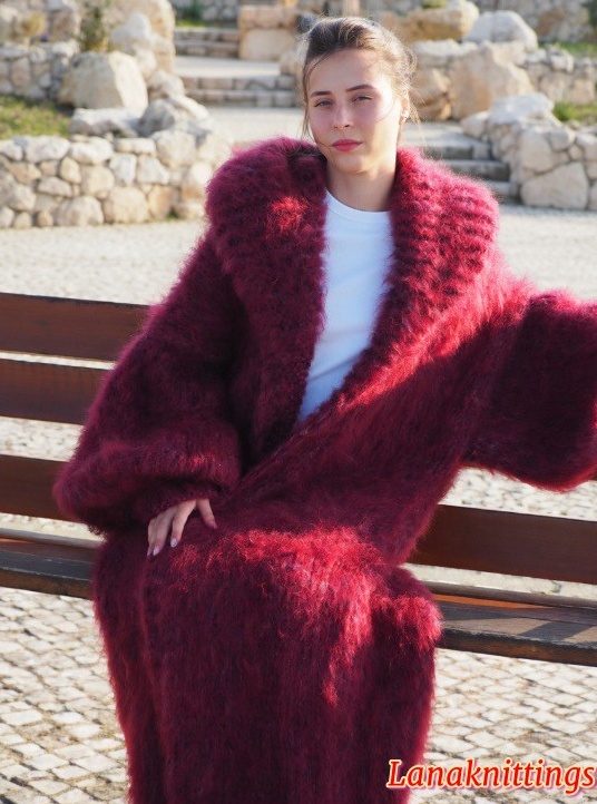 Mohair Long Coat Burgundy Oversize Longhair Mohair HandKnitted by LanaKnittings