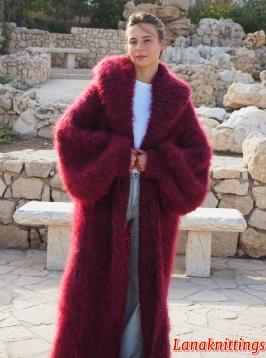 Mohair Long Coat Burgundy Oversize Longhair Mohair HandKnitted by LanaKnittings - Image 5
