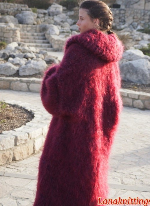 Mohair Long Coat Burgundy Oversize Longhair Mohair HandKnitted by LanaKnittings - Image 4
