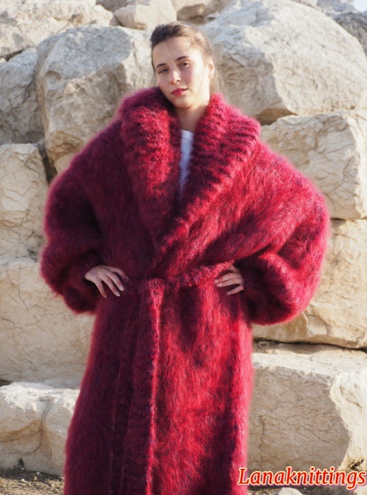 Mohair Long Coat Burgundy Oversize Longhair Mohair HandKnitted by LanaKnittings - Image 8