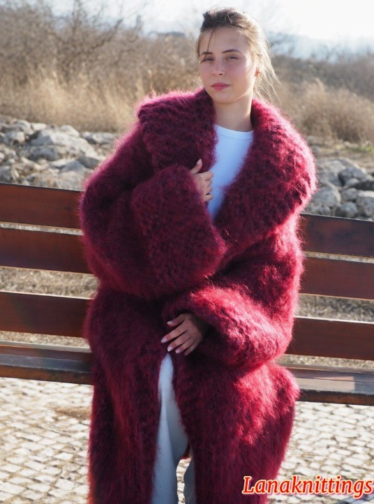 Mohair Long Coat Burgundy Oversize Thick Mohair HandKnitted by LanaKnittings - Image 4