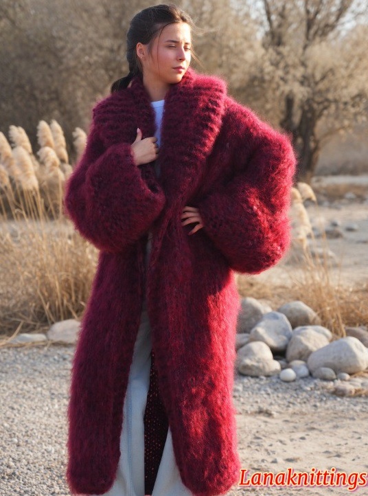 Mohair Long Coat Burgundy Oversize Thick Mohair HandKnitted by LanaKnittings - Image 11