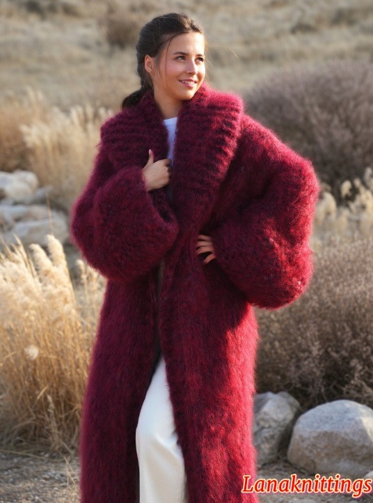 Mohair Long Coat Burgundy Oversize Thick Mohair HandKnitted by LanaKnittings