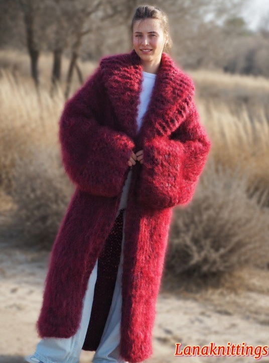 Mohair Long Coat Burgundy Oversize Thick Mohair HandKnitted by LanaKnittings - Image 10