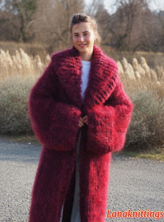 Mohair Long Coat Burgundy Oversize Thick Mohair HandKnitted by LanaKnittings - Image 5