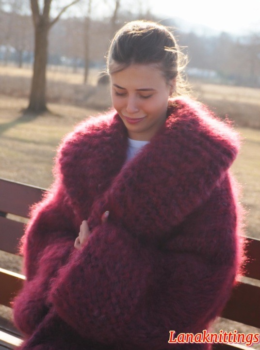 Mohair Long Coat Burgundy Oversize Thick Mohair HandKnitted by LanaKnittings - Image 2
