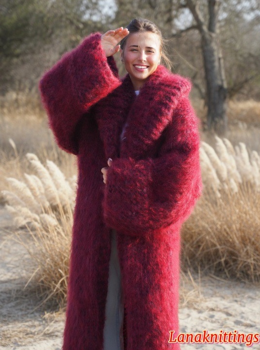 Mohair Long Coat Burgundy Oversize Thick Mohair HandKnitted by LanaKnittings - Image 7