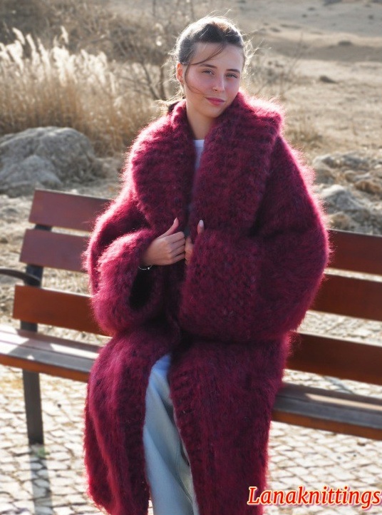 Mohair Long Coat Burgundy Oversize Thick Mohair HandKnitted by LanaKnittings - Image 6