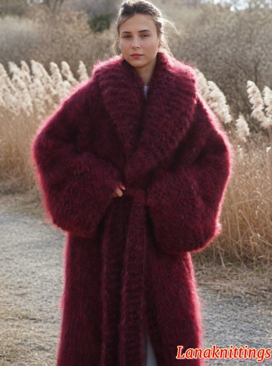 Mohair Long Coat Burgundy Oversize Thick Mohair HandKnitted by LanaKnittings - Image 3