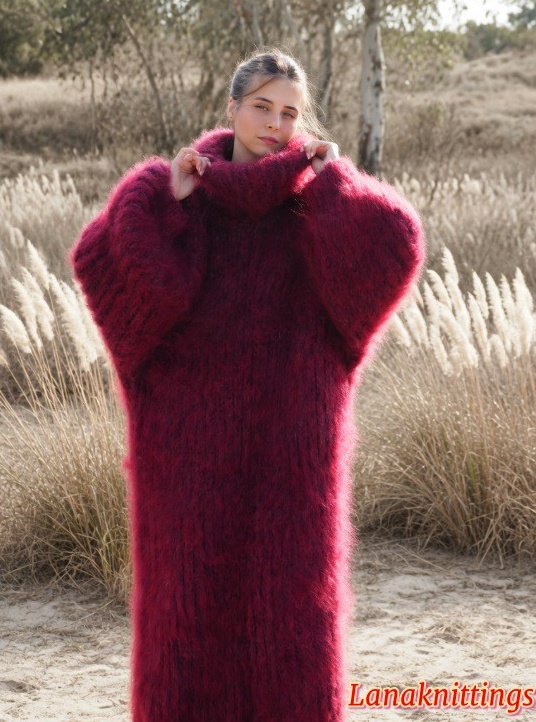 Mohair Long Dress Extra Thick Oversize Burgundy Handknitted Handmade Lanaknittings - Image 5