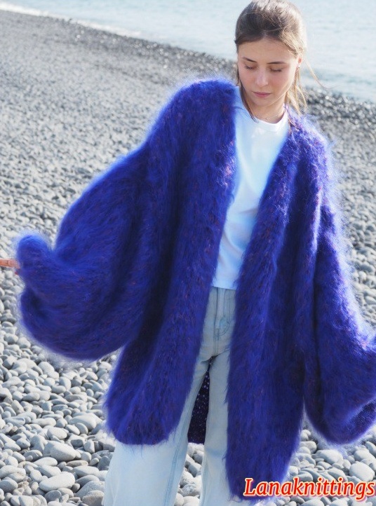 Mohair Coat Bomber Purple Oversize Longhair Mohair HandKnitted by LanaKnittings
