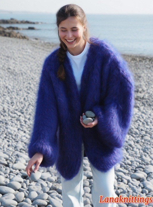 Mohair Coat Bomber Purple Oversize Longhair Mohair HandKnitted by LanaKnittings - Image 8