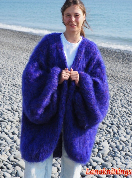 Mohair Coat Bomber Purple Oversize Longhair Mohair HandKnitted by LanaKnittings - Image 6