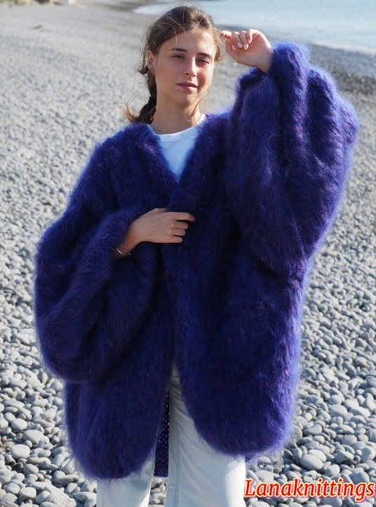 Mohair Coat Bomber Purple Oversize Longhair Mohair HandKnitted by LanaKnittings - Image 7