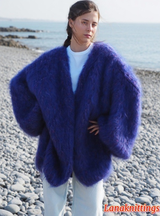 Mohair Coat Bomber Purple Oversize Longhair Mohair HandKnitted by LanaKnittings - Image 10