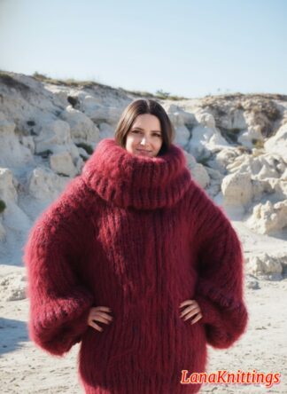 Mohair Sweater T-neck removable Extra Thick Oversize Burgundy Handmade Handknitted by Lanaknittings