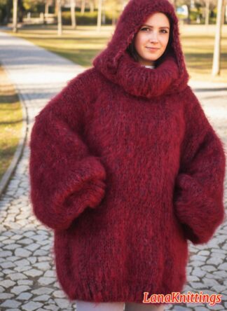 Mohair Sweater Extra Thick Oversize Burgundy T-neck and Hood Handknitted by Lanaknittings