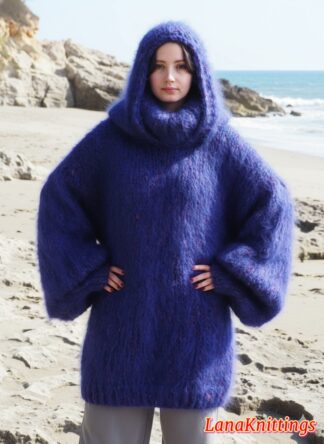 Mohair Sweater Extra Thick Oversize Purple T-neck and Hood Handknitted by Lanaknittings